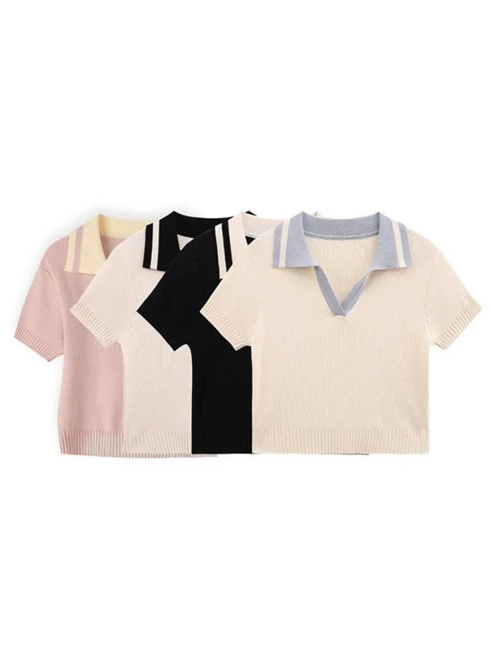 Contrast Color Polo Neck Short Sleeve Knit