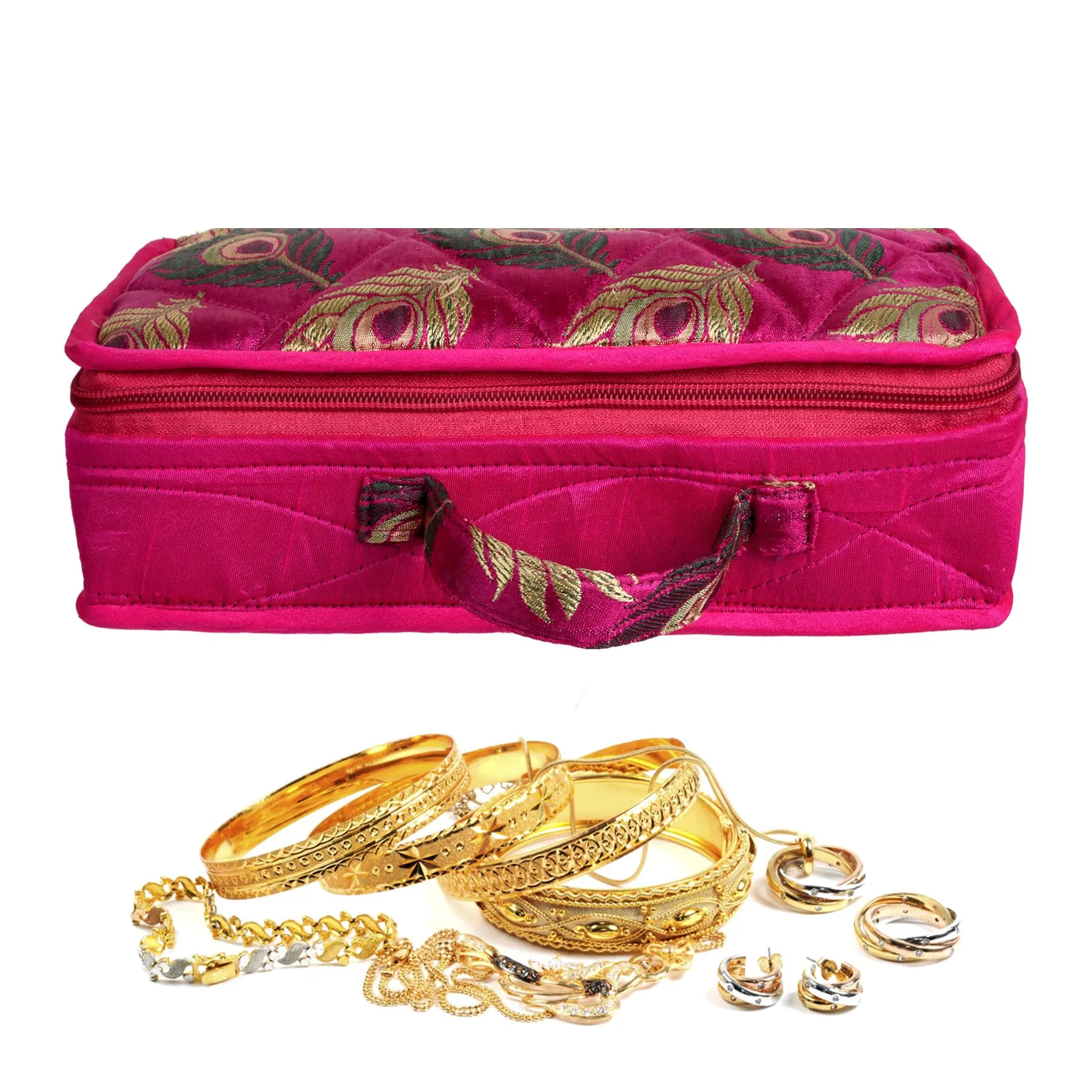 Kuber Industries Jewellery Kit | Satin Morpankh Print Jewellery Kit | 4 Flappable Pouches & 2 Extra Compartment | Cosmetic Kit for Necklace | Bracelet | Pack of 2 | Pink