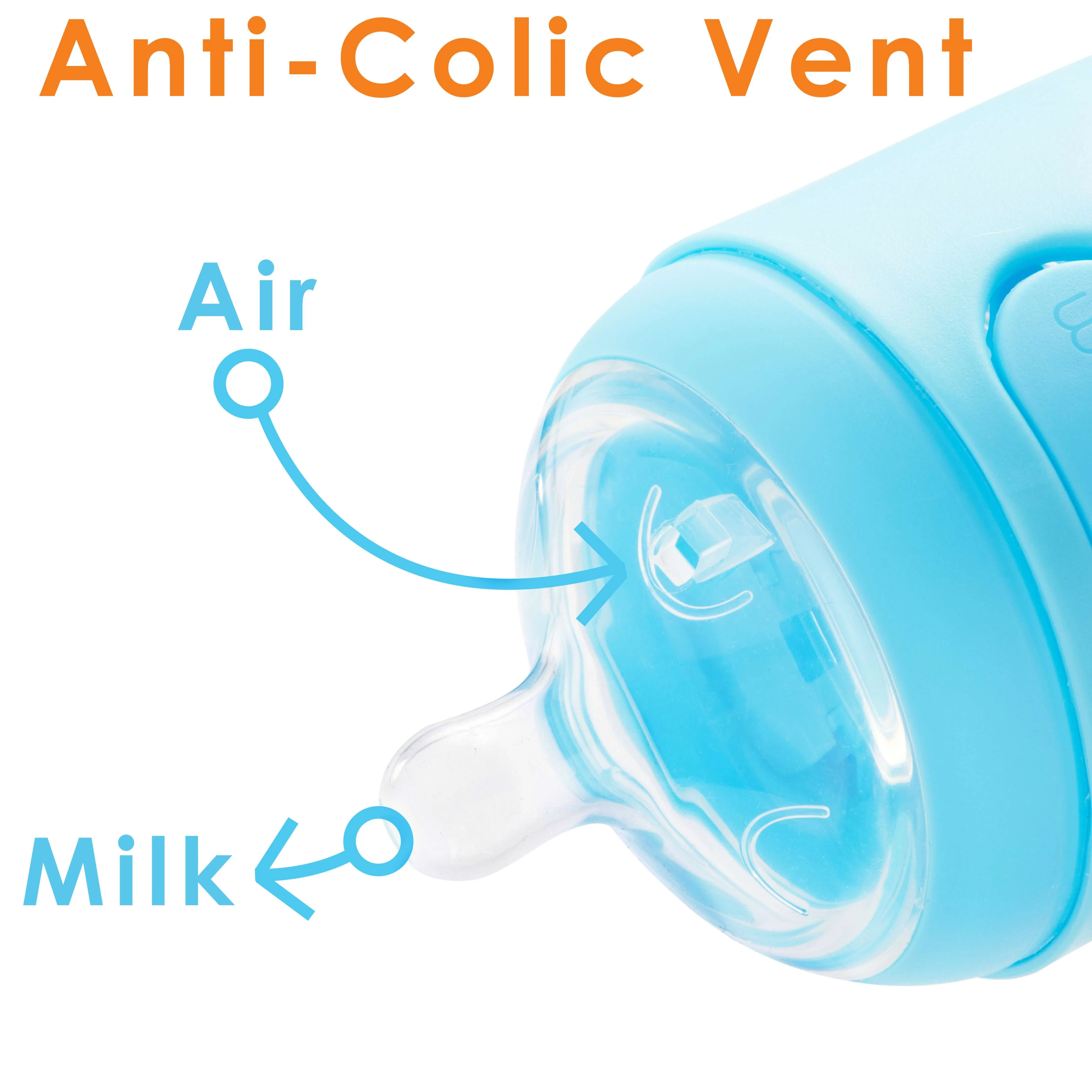 PopYum 9oz Blue Anti-Colic Baby Bottle, 3-Pack
