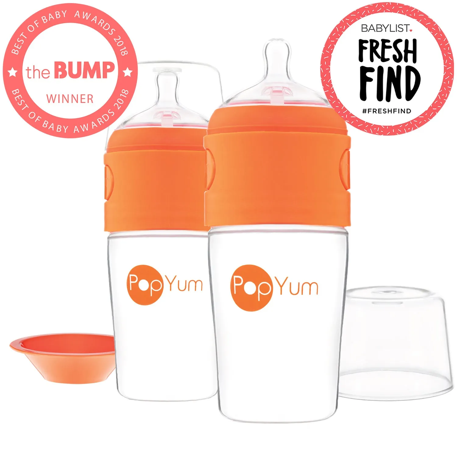 PopYum 9oz Orange Anti-Colic Baby Bottle, 2-Pack