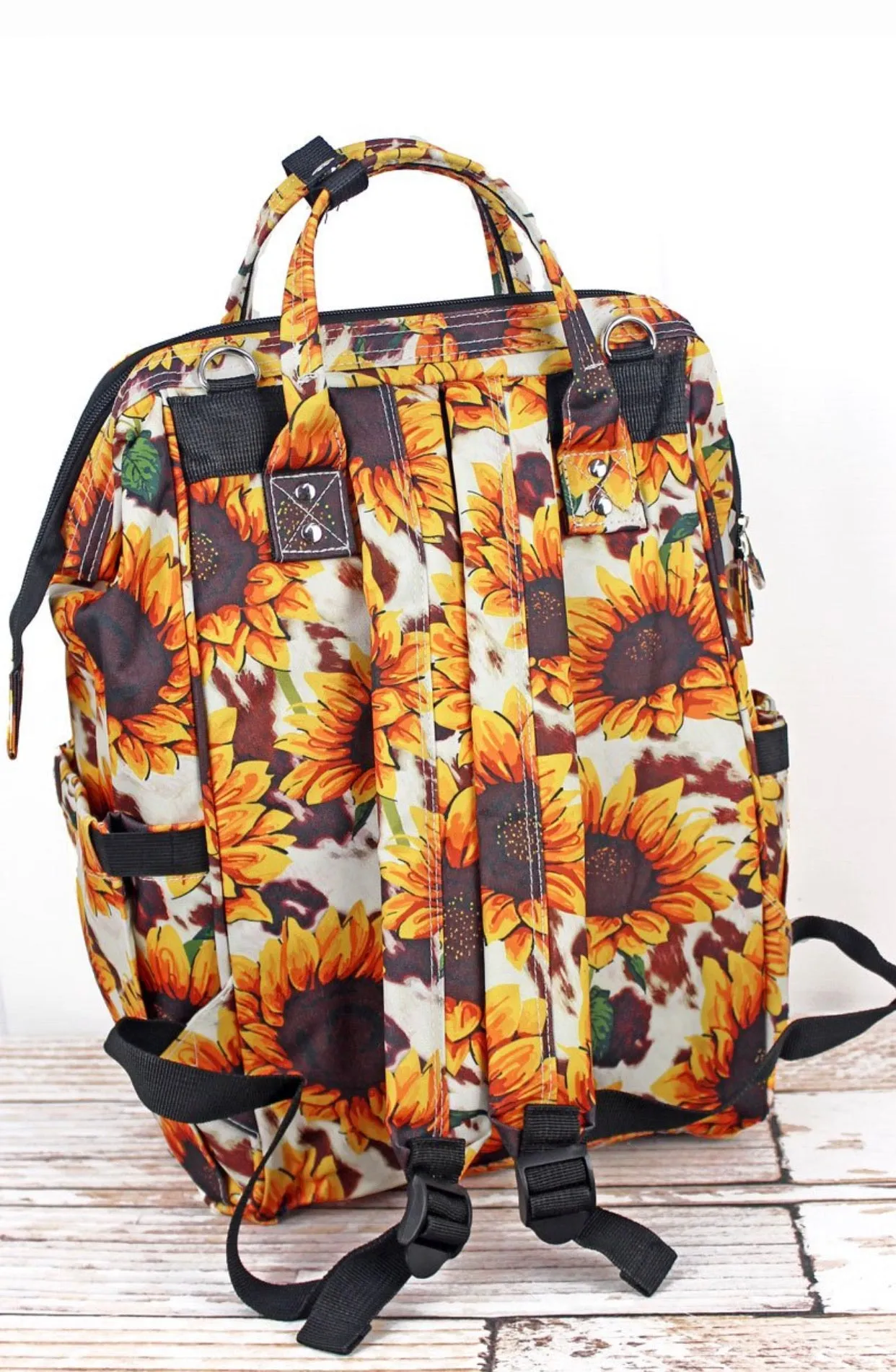 Sunflower Farm Diaper Bag Back Pack (sunflower and brown cow print) (High Quality Canvas NGIL Brand)